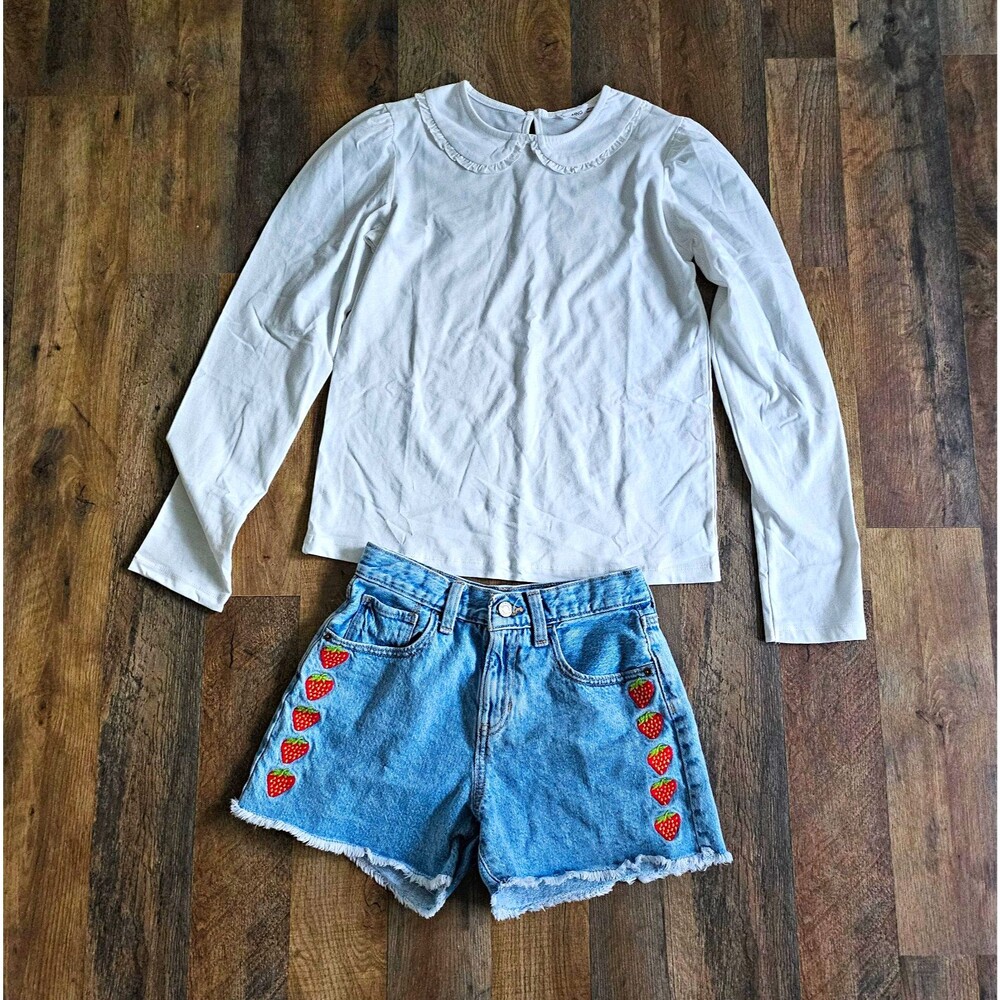 MNG White Long Sleeve Top (NWOT) & Old Navy Denim Shorts Set Girls 14 Strawberry